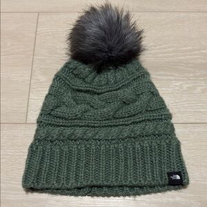 The North Face Green and Gray Knit Pom Beanie